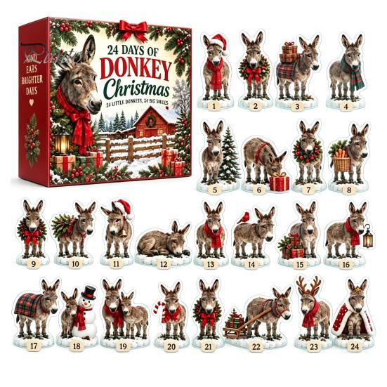 Acryl Tierfiguren Esel Weihnachts-Adventskalender, 24 Stück Ornament-Sammlung Ornamente Set mit festlichen Outfits, Feiertags-Tischdekoration A gray