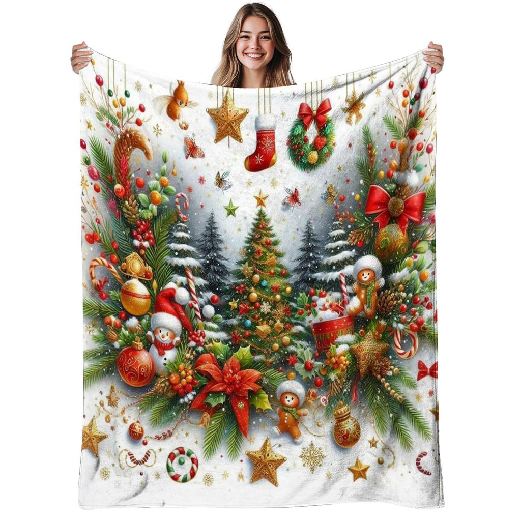 1pc Christmas Tree Flannel Blanket | Soft, Warm, Festive Design Print Pattern, Polyester, 280gsm, Suitable for Home, Office, Living Room, All-Season U