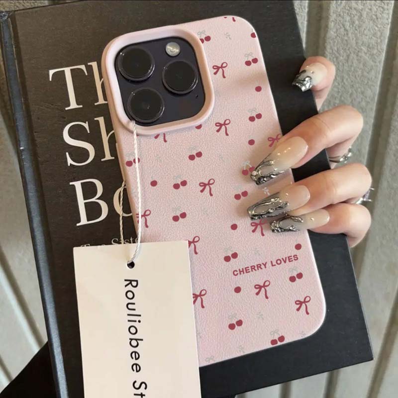 Cherry Blossom Lichee Pattern Silicone Phone Case For iPhone 16 Pro Max 15 14 Plus 13 12 11 XS X XR 16e With a Bow Design Cover