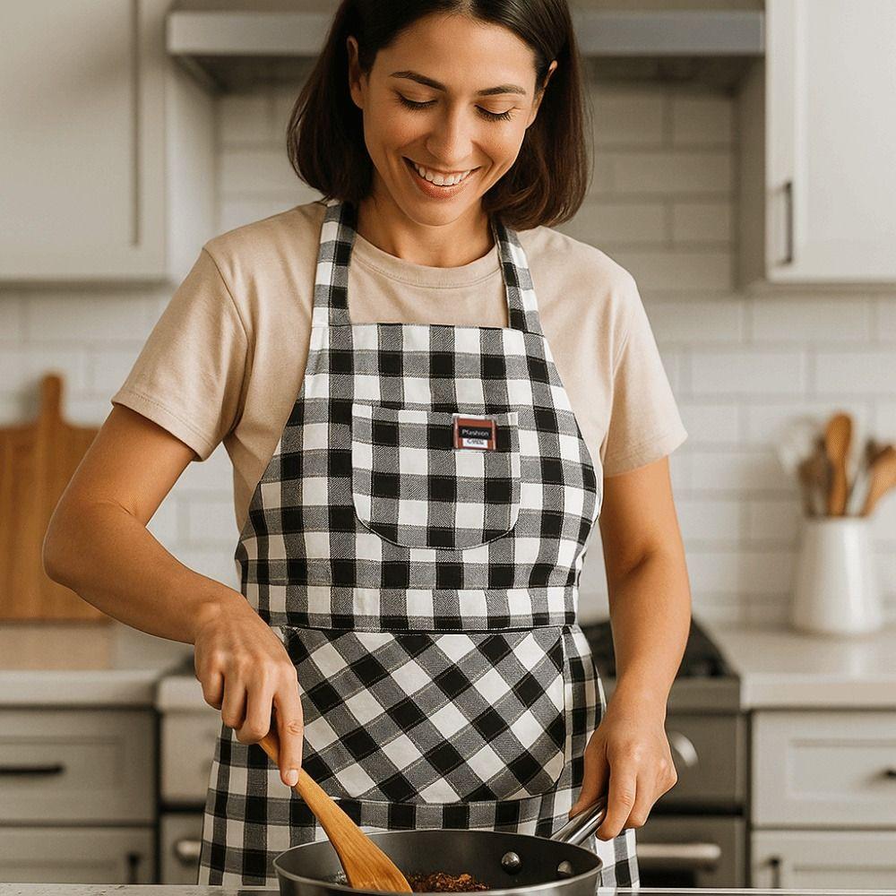 Checkered Print Chef Work Apron Cotton Cloth Cooking Aprons Kitchen Aprons  Household Cleaning