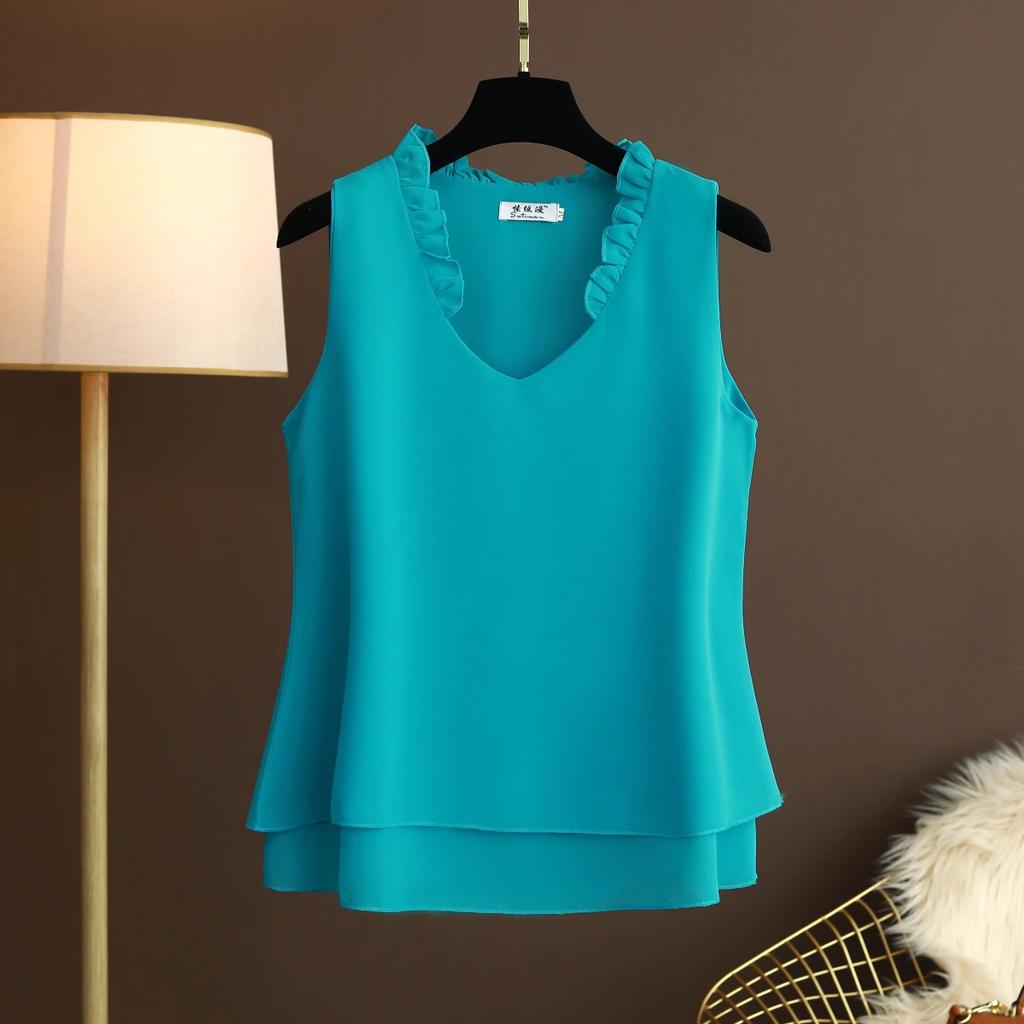 Women's Summer Solid Color V-Neck Plus Size Chiffon Shirt Design Loose Sleeveless Bottom Tank Top