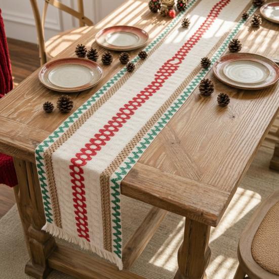 Table Runner for Family Gatherings Boho Striped Runner, Fringed Edge Cotton Linen Rustic Textured Hollow Entryway Farmhouse Dining Table, Home Holiday