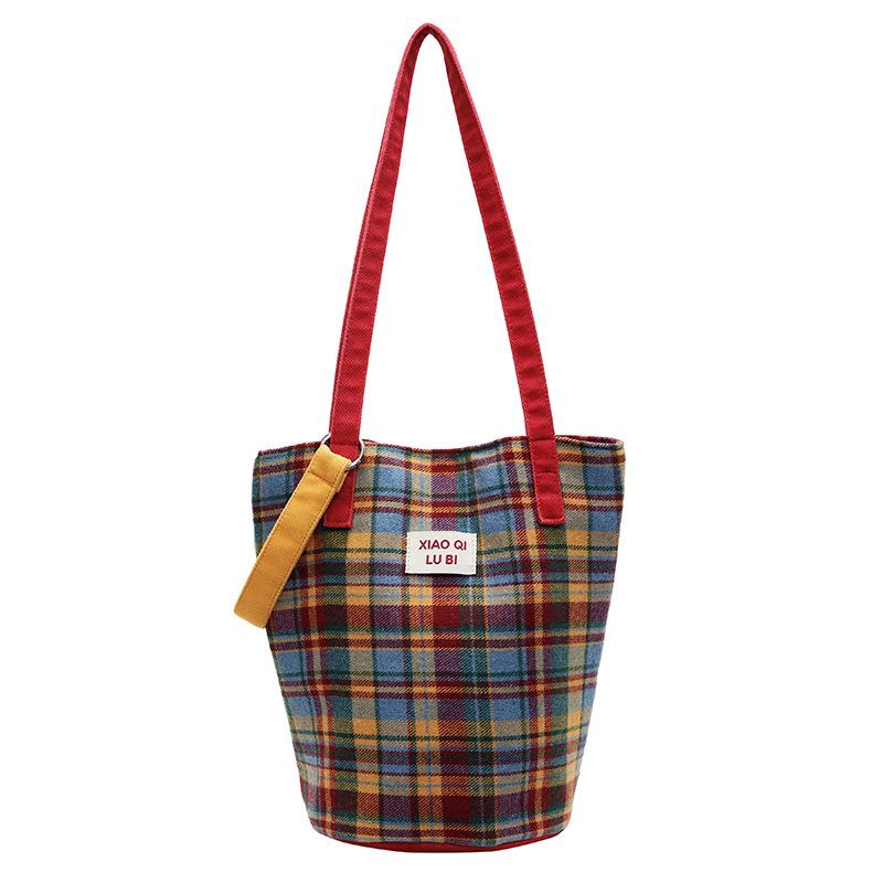 Vintage College-Stil kontrastfarbige karierte Tragetasche Klasse Pendeln vielseitig einzelne Schulter leicht Damen Tasche