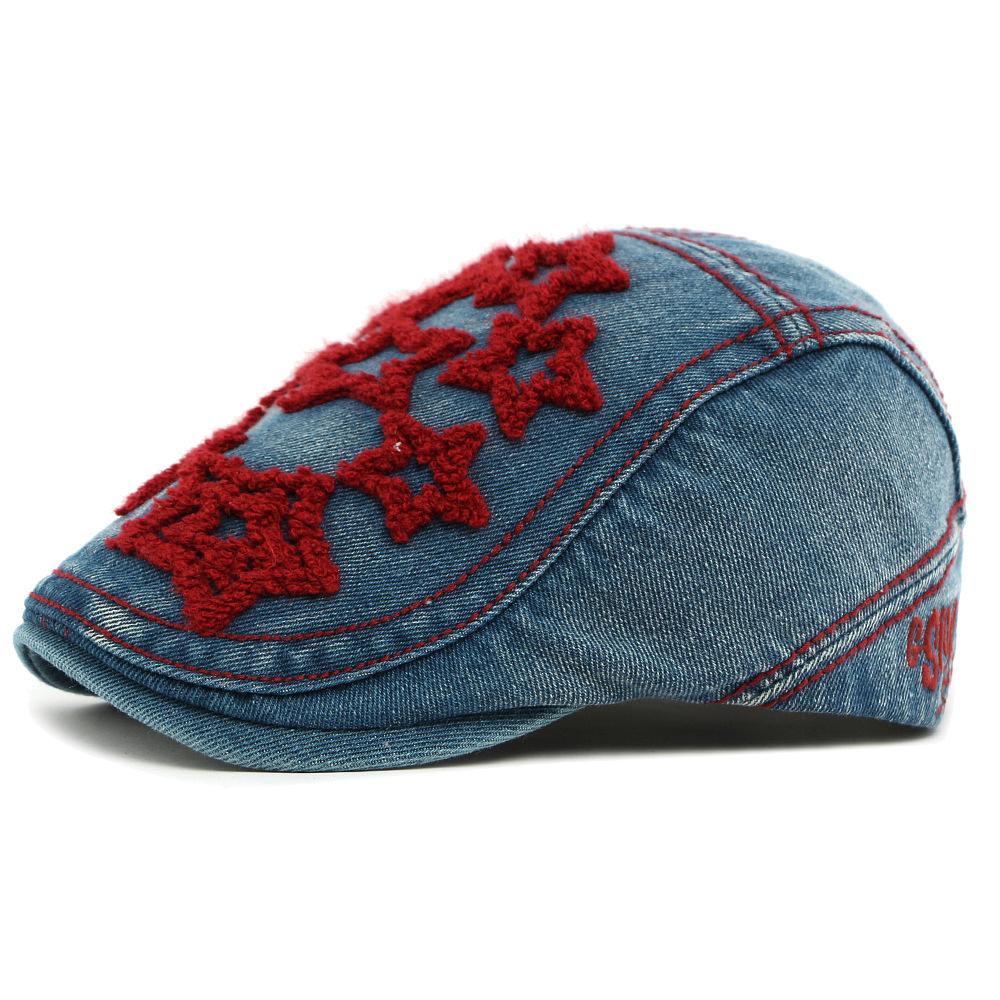 

Ethnic Style Embroidered Five-Pointed Star Denim Beret Women British Peaked Cap Forward Cap червоний