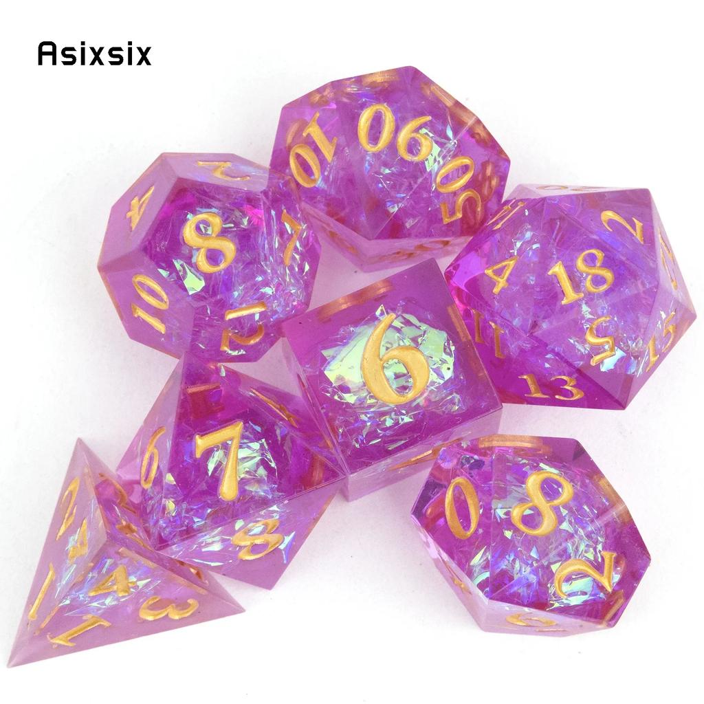 7 Pcs Purple Pink Resin Golden Number Sharp Edge Dice Polyhedral Dice Suitable For Role-Playing Dice PropBoard Game