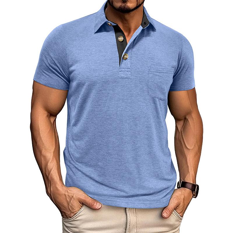Summer Mens Short Sleeve Turn Down Collar T-Shirt Fashion Patchwork Polos Man