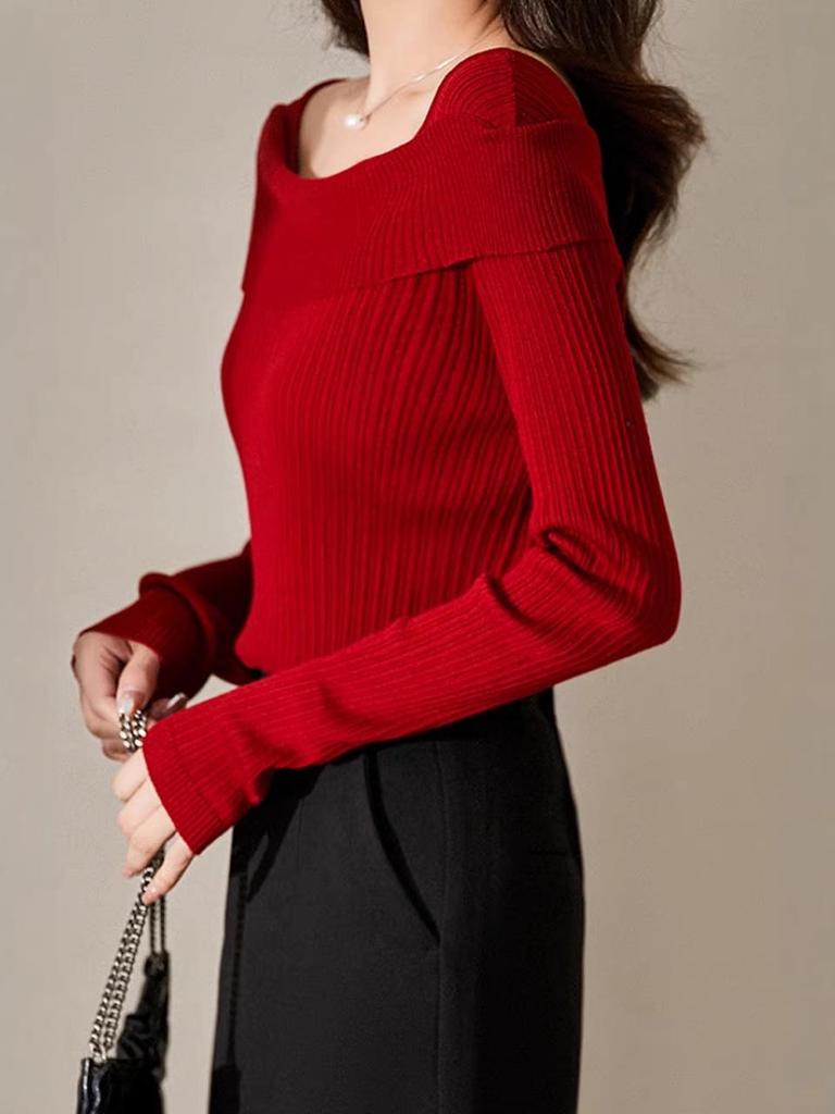 2026 Autumn Women's Retro Off-Shoulder Slim Fit Sweater - High-Quality Imitation Wool, Stylish Square Neck Base Layer