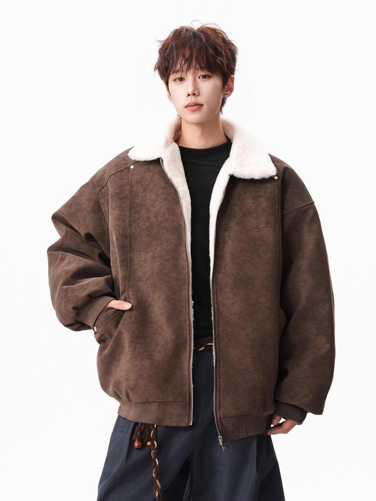 Men's Winter Barn Style Lambswool Cotton PU Leather Jacket, Thickened Warm Street Cool Workwear Coat