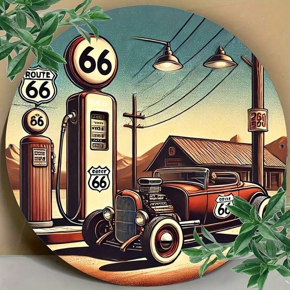 Round Metal Sign Retro Gas Station Route 66 Wall Art Garage Decor