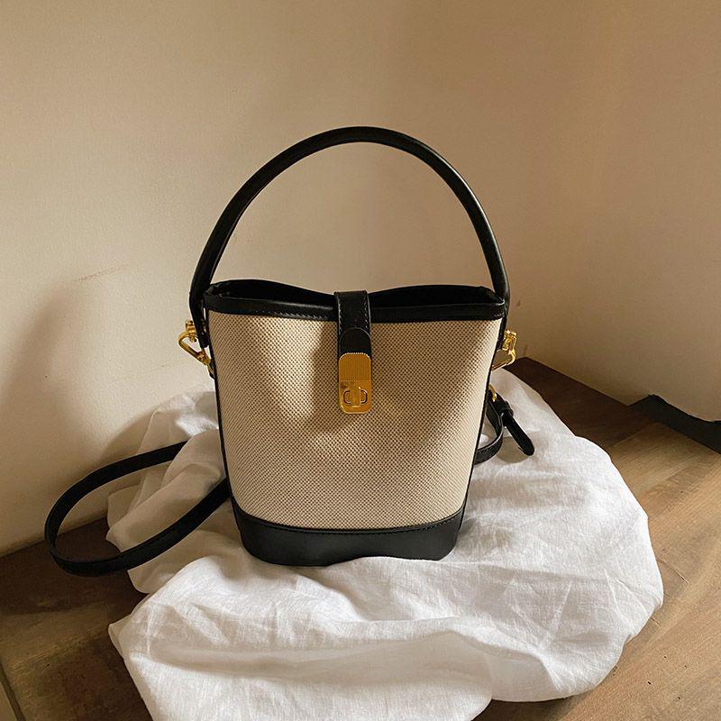 2025 Damen Retro Color Block Canvas Bucket Bag – Modische, vielseitige Pendler-Umhänge-/Crossbody-Tasche