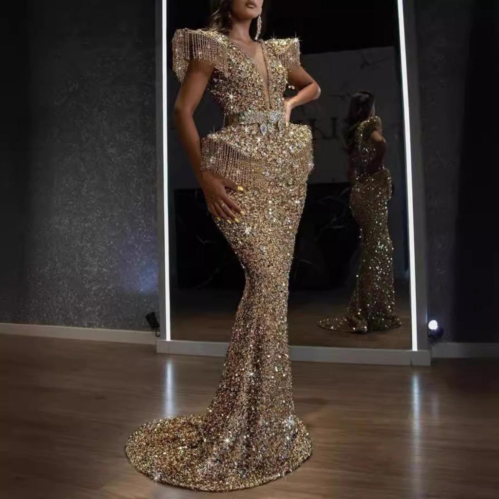 Herbst Winter Damen Sexy Pailletten Quasten Schleppe Bodycon Bankett Partykleid für den grenzüberschreitenden Handel