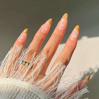 24Pcs/Set Quick Nails Yellow French Star False Nials Sticker Wearable Waterproof Manicure Finished Nails
