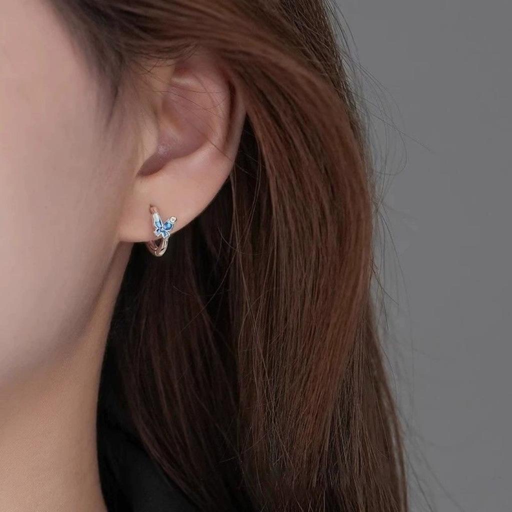 Crystal White Blue Enamel Butterfly Animal Hoop Earrings For Women Vintage Silver Color Wedding Jewelry