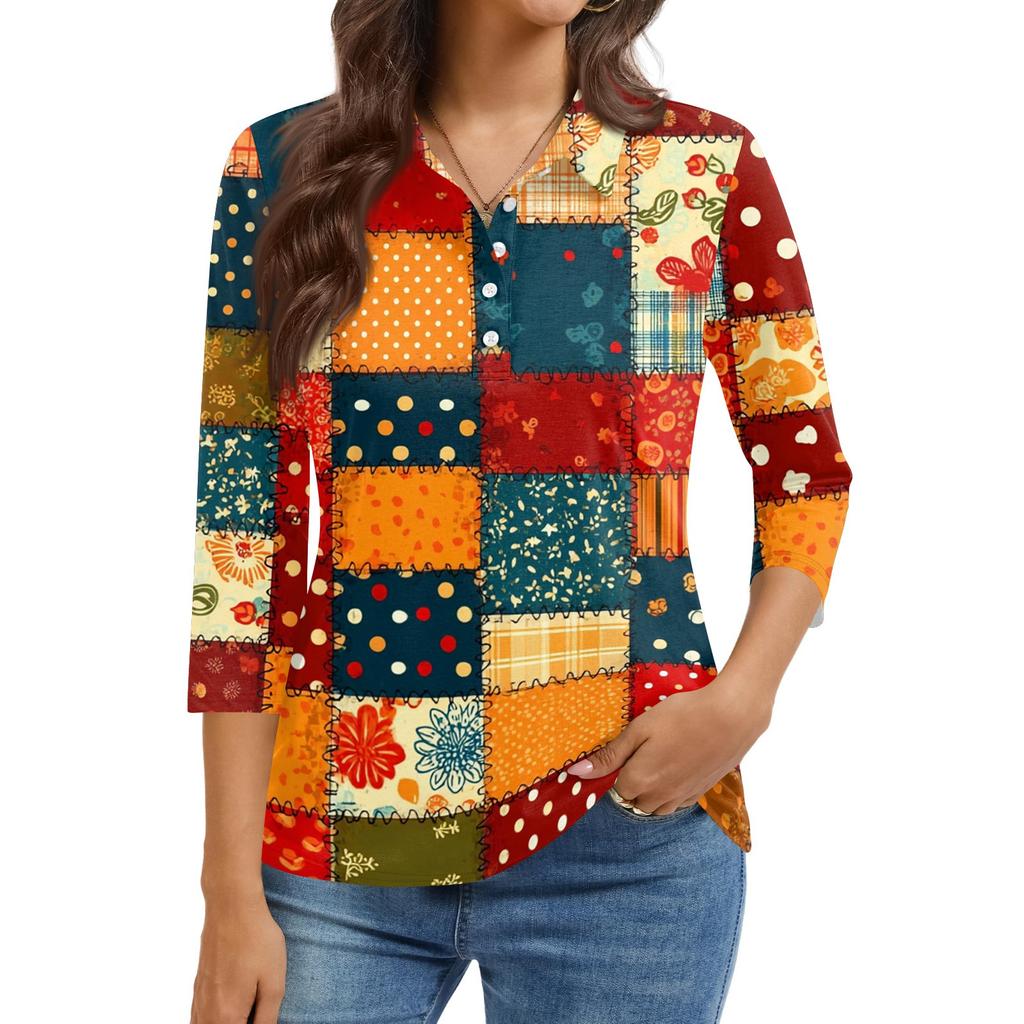 Damenmode Lässig Revers Kurz 3/4 Ärmel Print Hemd Damen Knopfleiste Oberteile