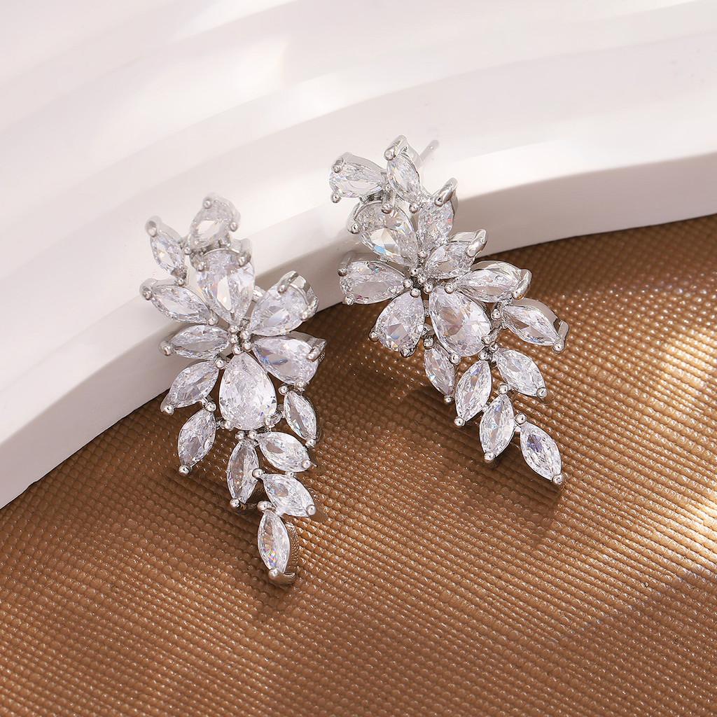 Water Drop Zircon Flower Leaf Earrings For Weddings And Party Jewelry Women