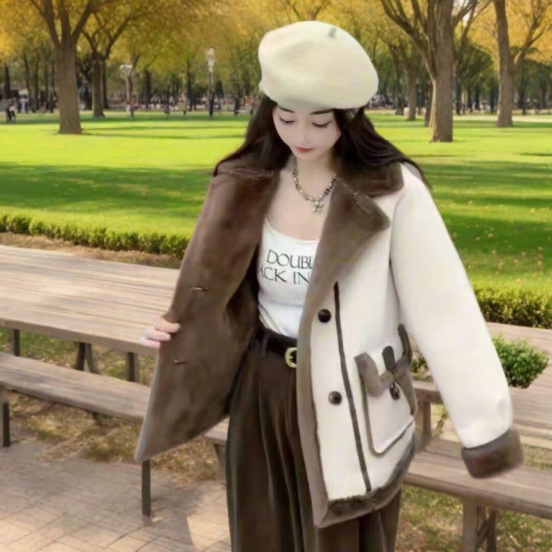 Fashionable Patchwork Warm Coat, Winter Women's Casual Thick Overcoat