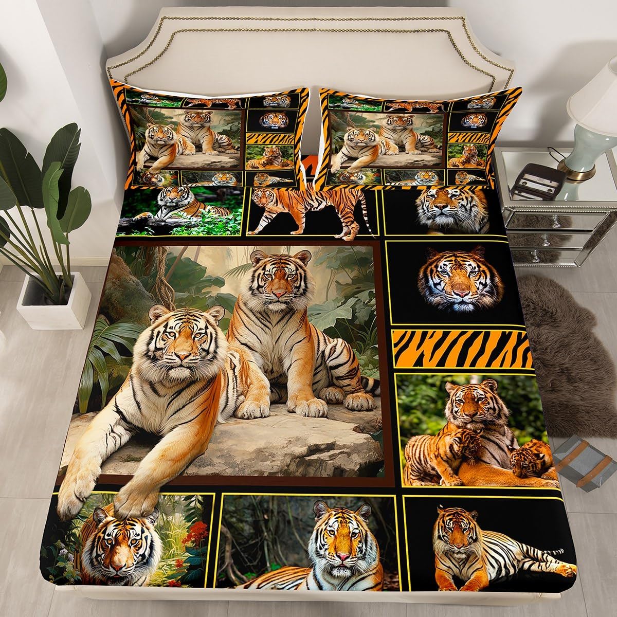 

Комплект простыней на резинке Tiger Bed, двуспальный размер, простыня на резинке с принтом тигра для детей, мальчиков, девочек, комплект постельного белья с дикими животными, покрывало с дикими животными 90x200cm