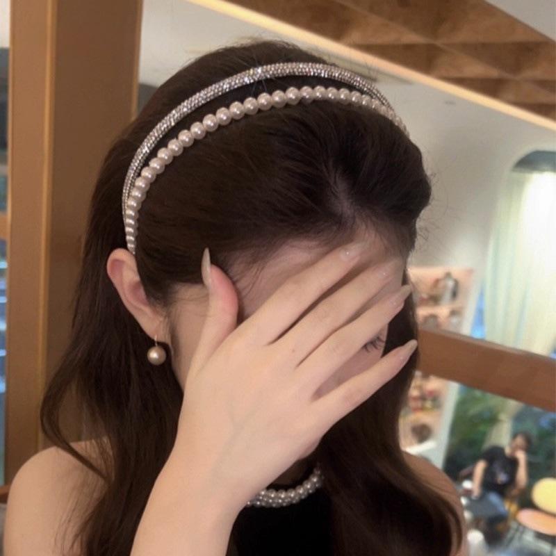 INS Fashion Double-Layer Faux Pearl & Rhinestone Headband: Elegant, Diamond-Studded, Versatile Accessory for Women