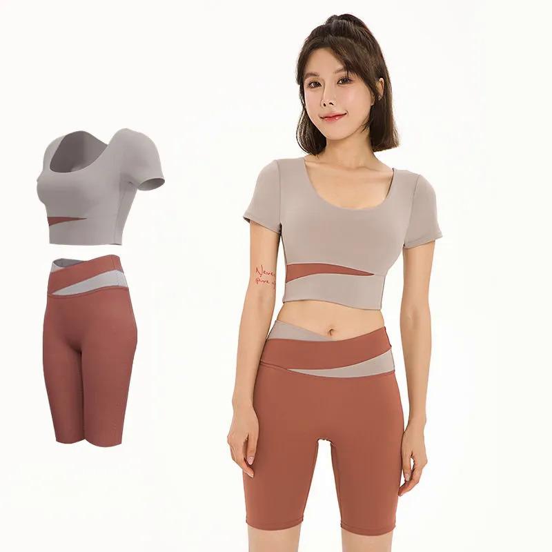 Joga sportowy strój do fitnessu z krótkim rękawem, super elastyczny, odporny na wstrząsy, szybkoschnący pępek