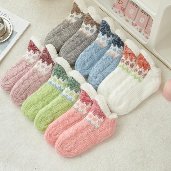 Knitted Slipper Socks Fluffy Winter Ankle Socks with Grips Non Indoor Warm Socks Slip Low Cut