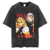 Anime Demon Slayer Nezuko Zenitsu Tanjirou Inosuke Print T-shirt Men Manga Cotton Tshirts Retro Washed T Shirt Harajuku Male Top