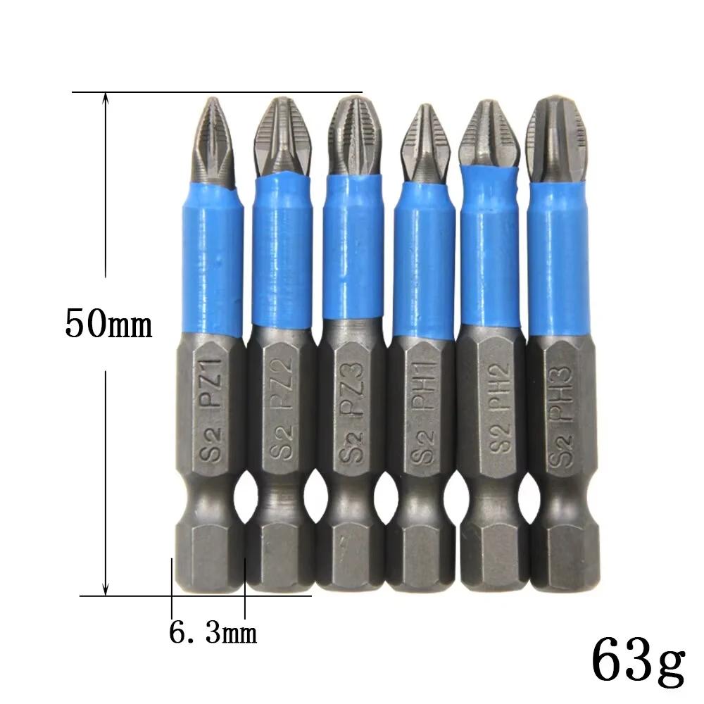 Hexagonal Handle 6pc S2 Steel Anti Slip Screwdriver Head Cross Electric Screwdriver Tool Set PH1/PH2/PH3/PZ1/PZ2/PZ3