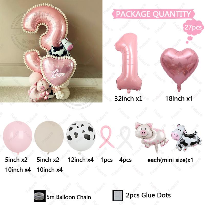 27 szt. Mini Balony Krowa Świnia Różowy Numer Balon Urodzinowy Zestaw Dekoracja Imprezy Tematycznej Zwierzątka Kreskówkowe Artykuły na Festiwal Dziecięcy