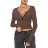 Women U Neck Henley Button Stretch Cropped Long Sleeve Slim Casual Top
