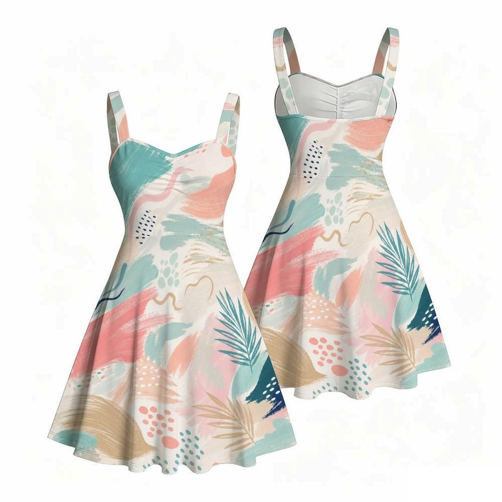 Women S Plus Size Off Shoulder Square Neck Strappy Sleeveless Printed Flared Dress