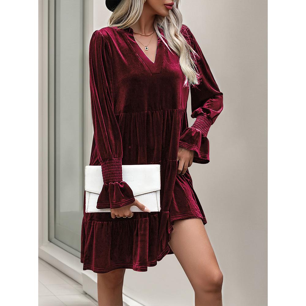 Women's Casual V Neck Long Sleeve Velvet Dress Fall Babydoll Dress Flowy Cocktail Wedding Party Shift Dresses