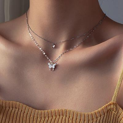  Internet Celebrities Diamond-encrusted Double-layer Butterfly Necklace Ins Niche Design Temperament Collarbone Chain 