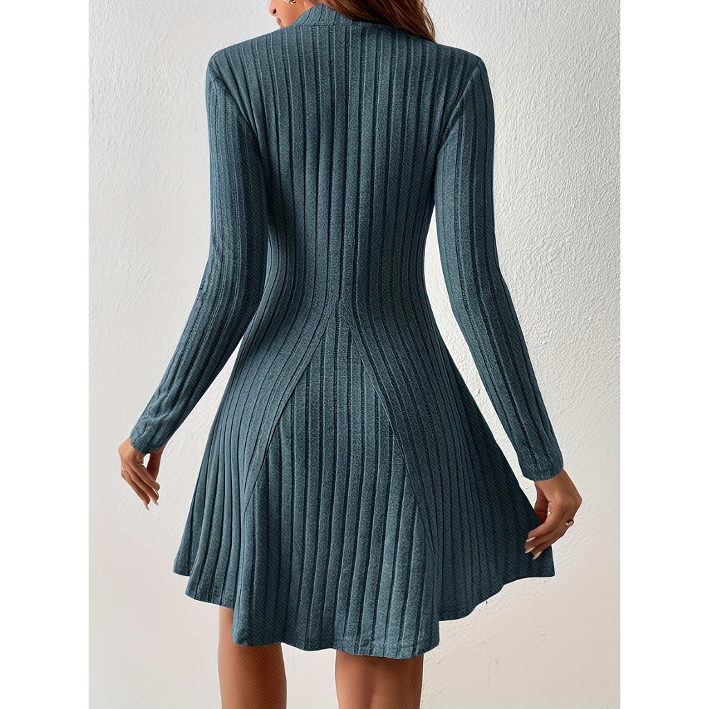 2025Women Ribbed Knit Dress Autumn Winter Elegant Chic Long Sleeve O Neck High Waist Corset Slim Pleated Mini Dress Streetwear