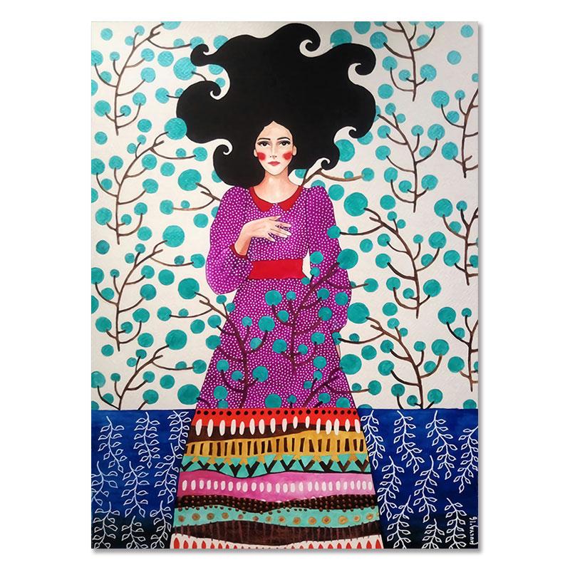 Moderne kvinner Fargerike blomsterhår Pike Veggkunst Lerretsmaling Nordisk plakat Vintage veggbilder til stuen