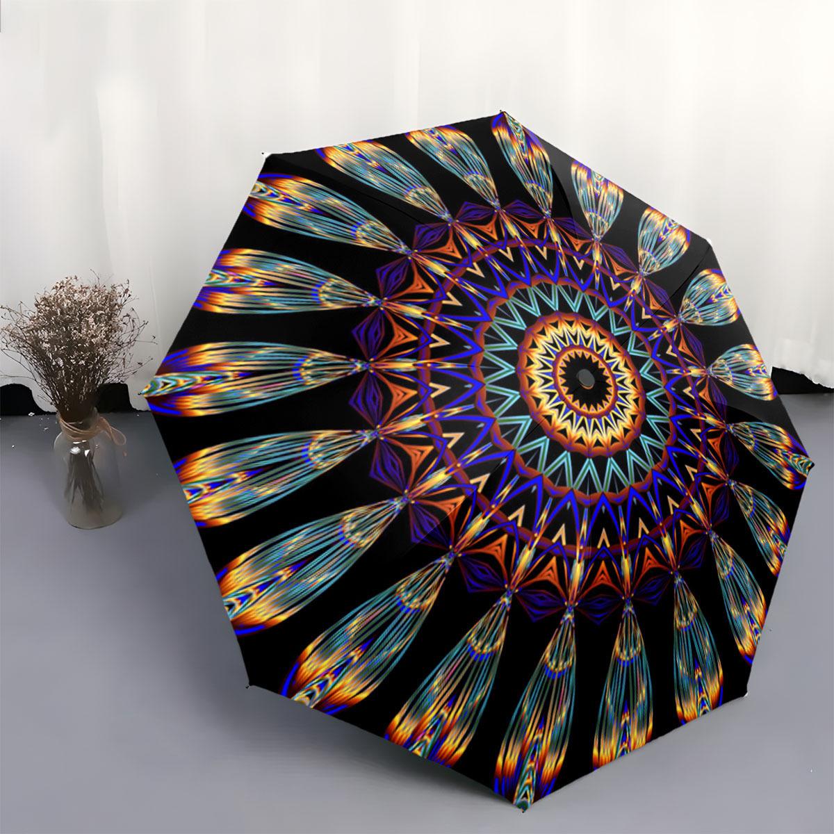Automatic Open/Close Umbrella with Kaleidoscope Mandala Pattern - Auto Folding Compact Umbrella, Sturdy Ribs for Wind Resistan Iron&8K