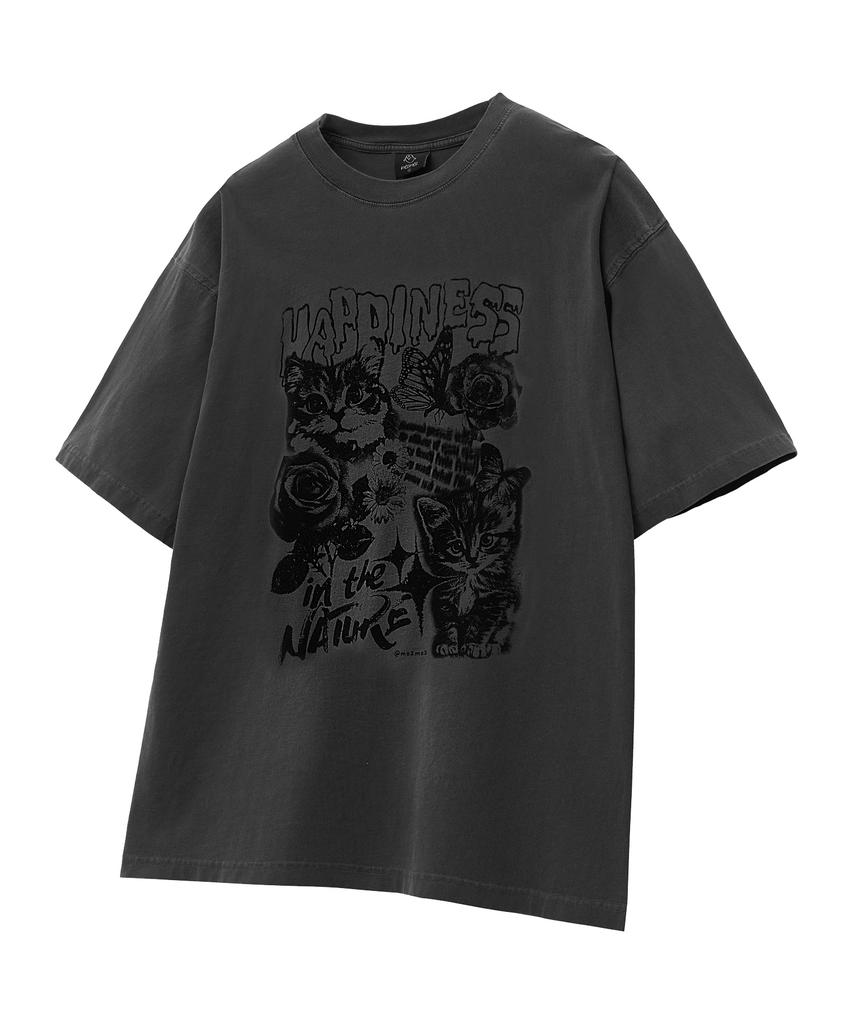 MOZMOZ Happy Cat Oversized Pigment Short Sleeve T-Shirt Charcoal