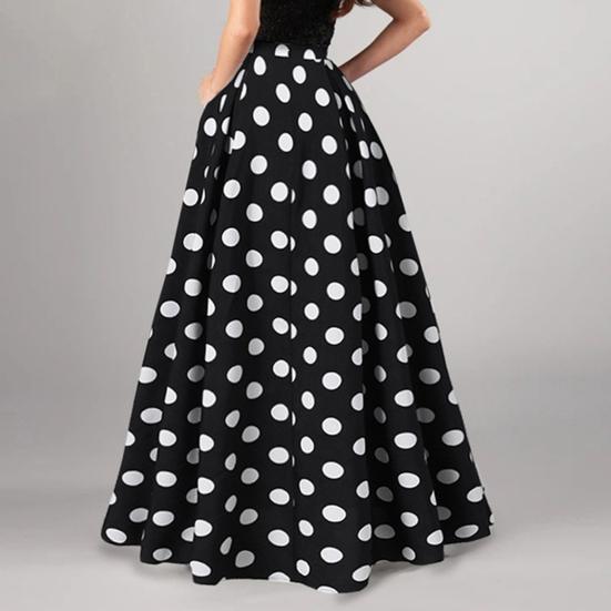 Women Maxi Skirt High Waist Color Matching Dot Print Retro A-line Big Hem Side Pockets Loose Full Length Soft Elastic Waist Lady Prom Party Long Skirt