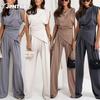 JPNTKYWomen's Fashion Casual Solid Color Print Short Sleeve O Neck Pants Suits