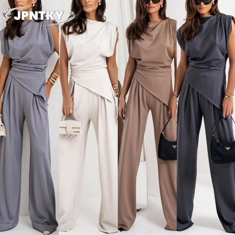 JPNTKYWomen's Fashion Casual Solid Color Print Short Sleeve O Neck Pants Suits