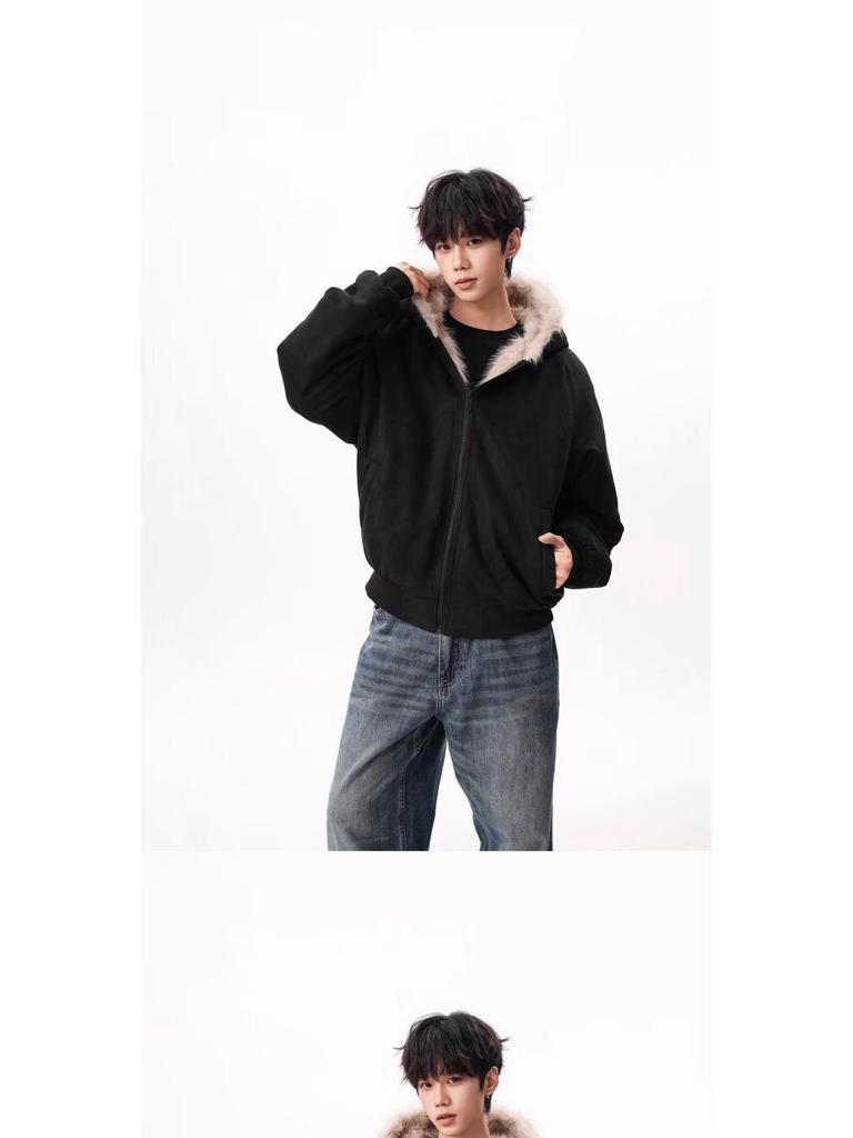 Unisex Winter Trendy Mountain Eagle Cotton Jacket with Thick Suede Plush Collar and Rabbit Ear Detail