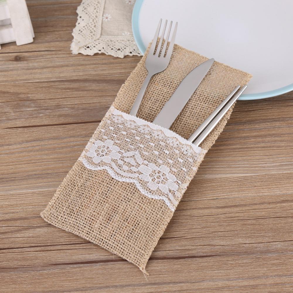 10Pcs Burlap Tabbleware Holder Lace Silverware Bag Lightweight Napkin Bag  Wedding Party