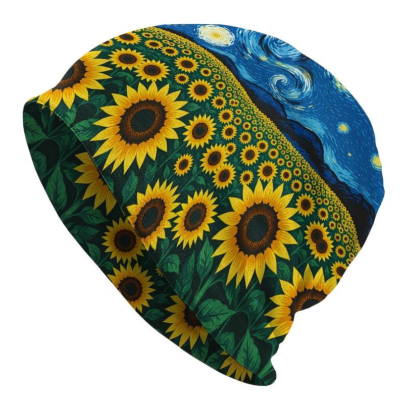 1 Unisex Van Gogh Starry Night Sunflower Themed Knitted Hat - Artistic Blue and Yellow Contrast Color Pattern, Durable Knitted Fabric, Comfortable and