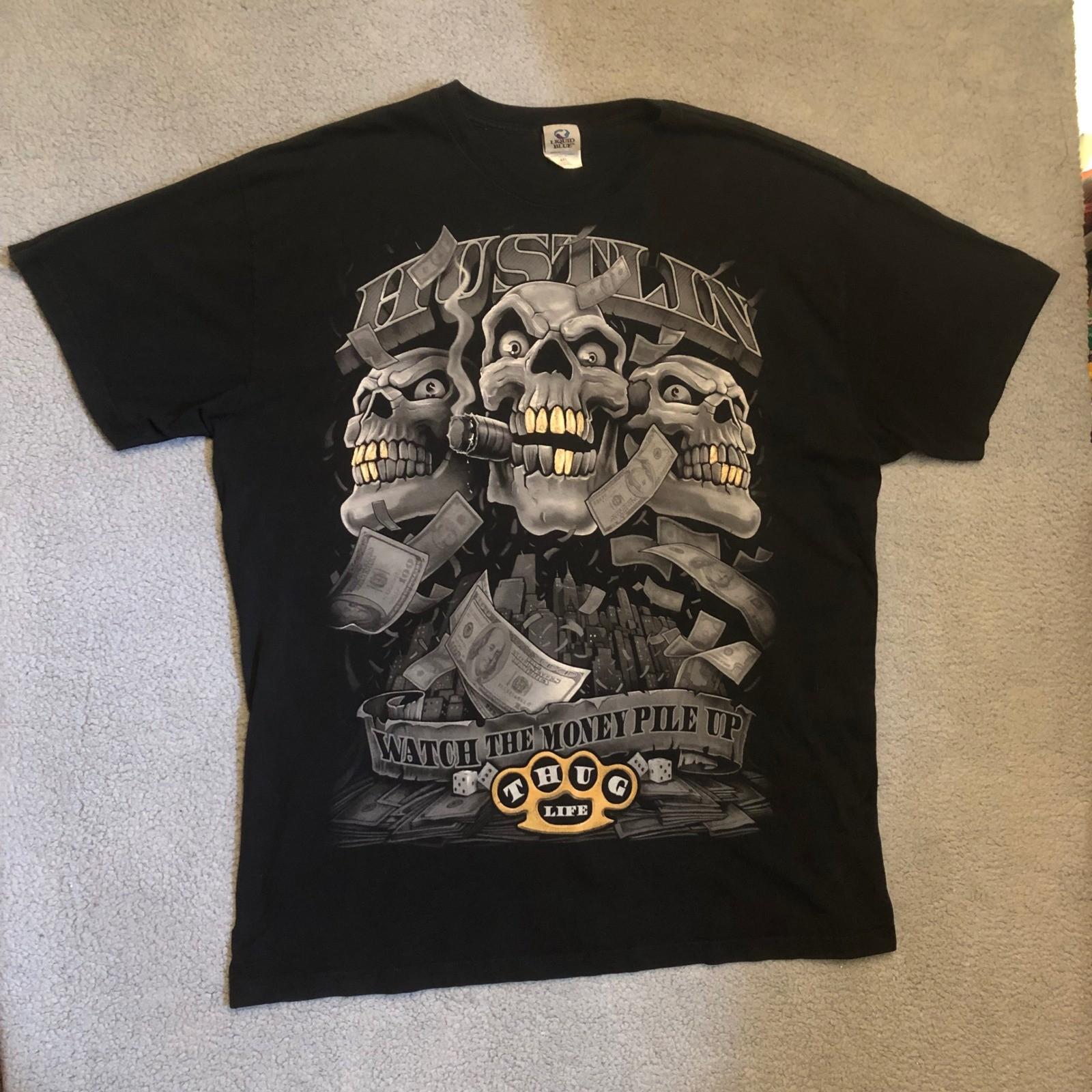 Liquid Blue Hustlin Thug Life Skulls Money Shirt 4XL Black 100% Cotton Tee Unisex T-Shirt L