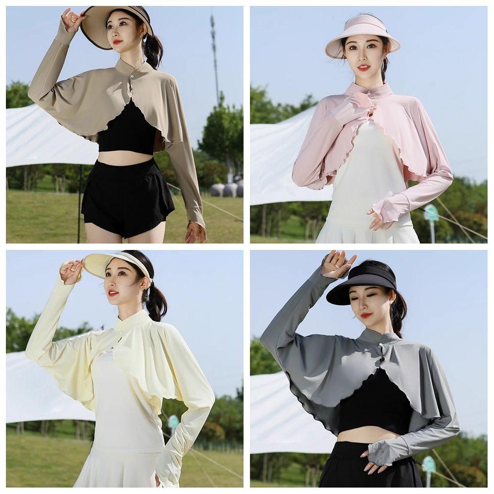 Solid Color Sun Protection Clothing Long Sleeve Ice Silk Cape Long Sleeve Crop Top Sun Protection