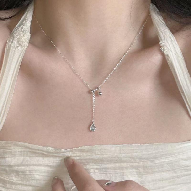 Blue Water Drop Fringed Necklace Women's New Cold Titanium Steel Non-fading Collarbone Chain Jewelry