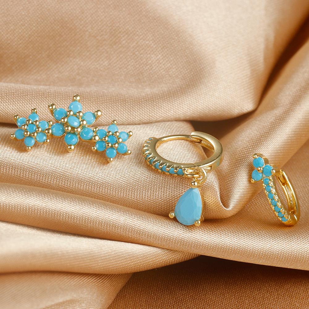 Vintage Blue Turquoise Water Drop Hoop Earring Set For Women Geometric Stainless Steel Flower Piercing Earring Christmas Jewelry