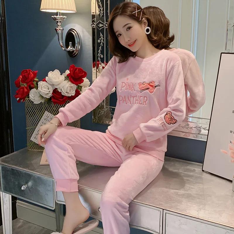 Winter Thickened Warm Flannel Women Pajamas Loungewear Long-Sleeved Two-Piece Cartoon Bear Coral Velvet Girl Sleepwear Homewear