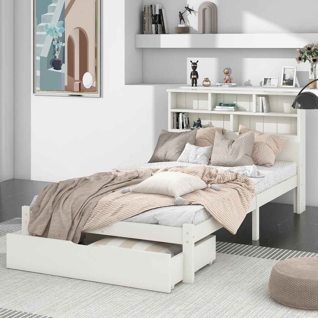Solid Wood Single Bed with Drawers and Slatted Base, Bookshelf Teenagers and Adults Children's Bed, 90x200cm White