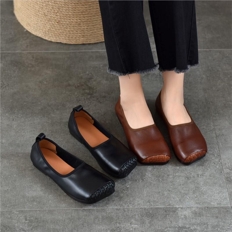 Johnature Retro Flache Schuhe mit weicher Sohle Eckige Spitze Echtes Leder Vielseitige Damen Slipper