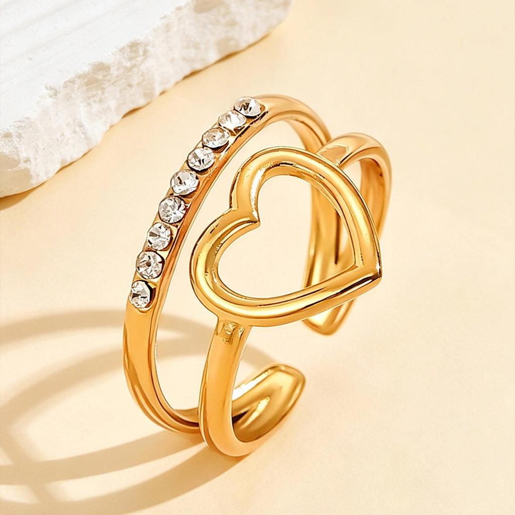 Elegant Double Row Heart Ring: Versatile Open Design with Inlaid Diamonds