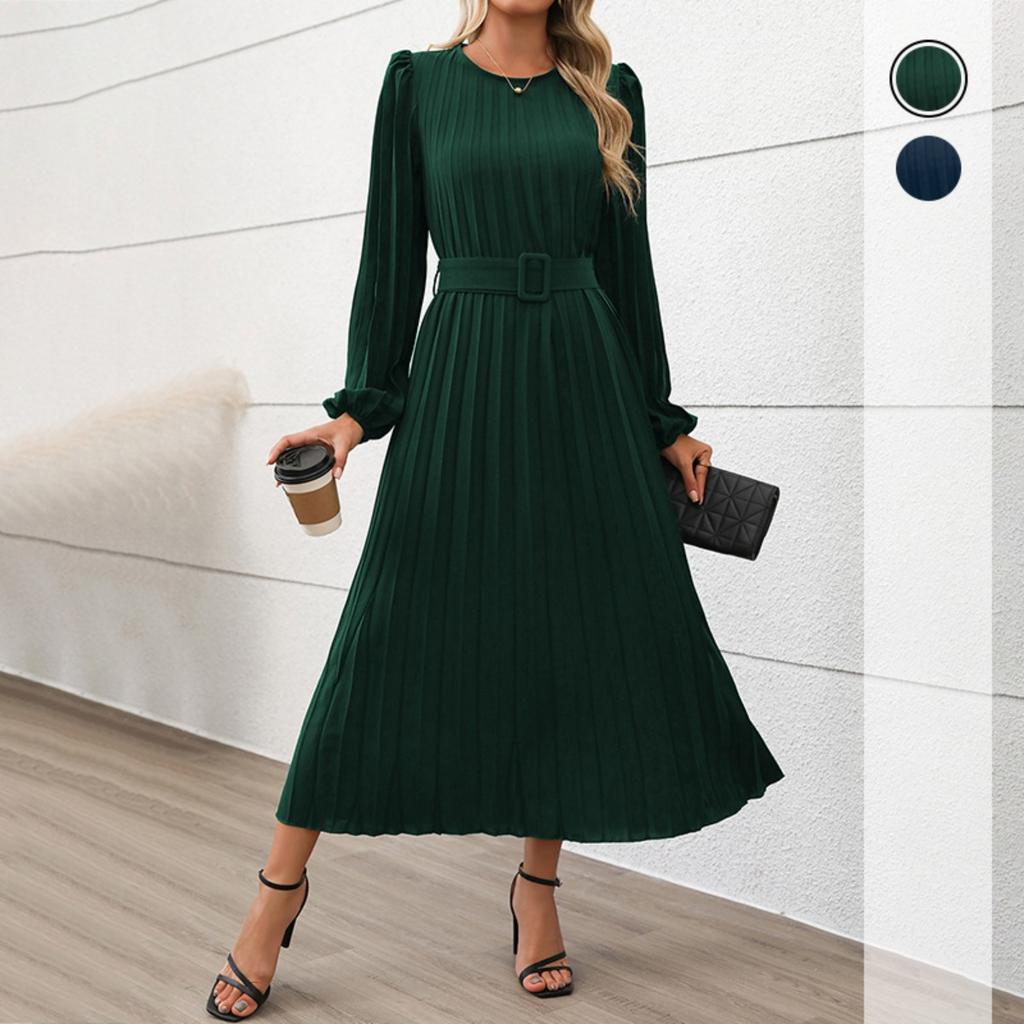New Autumn Elegant Vintage Solid Color Pleated Long Sleeve Work Dress